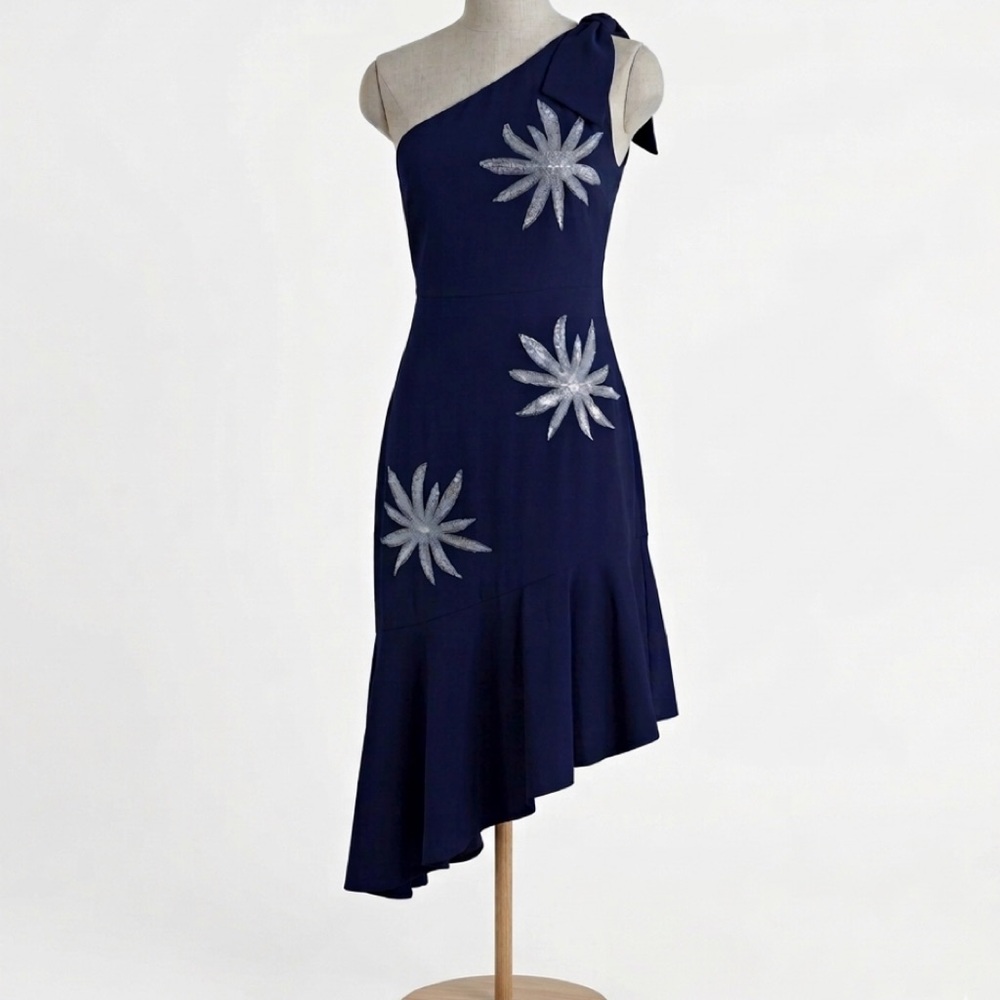 Milly Beatrice Navy Blue One Shoulder Embroidered Midi Dress Size 4 - Picture 3 of 9